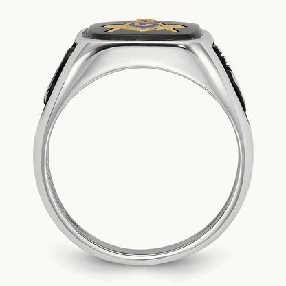 & Gold-plated Men's Textured w/ Black Enamel & Onyx Masonic Ring, 14K White Gold