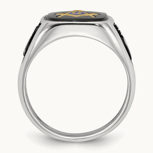 & Gold-plated Men's Textured w/ Black Enamel & Onyx Masonic Ring, 14K White Gold