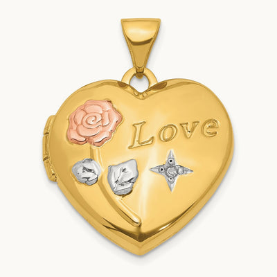 w/White & Rose Rhodium Love Rose Diamond Heart Locket Pendant, 14K