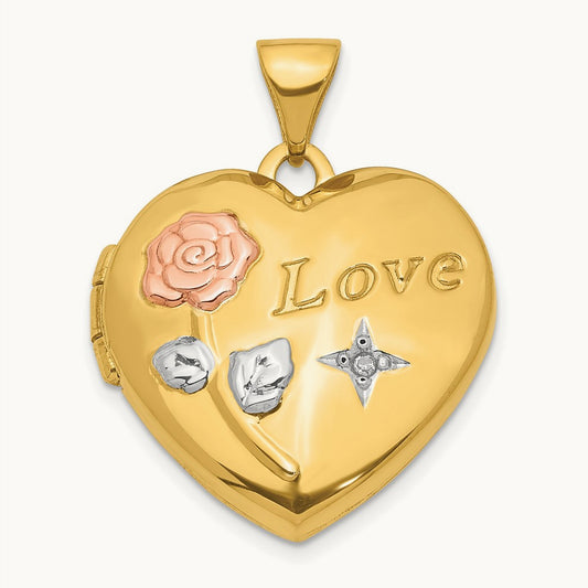 w/White & Rose Rhodium Love Rose Diamond Heart Locket Pendant, 14K