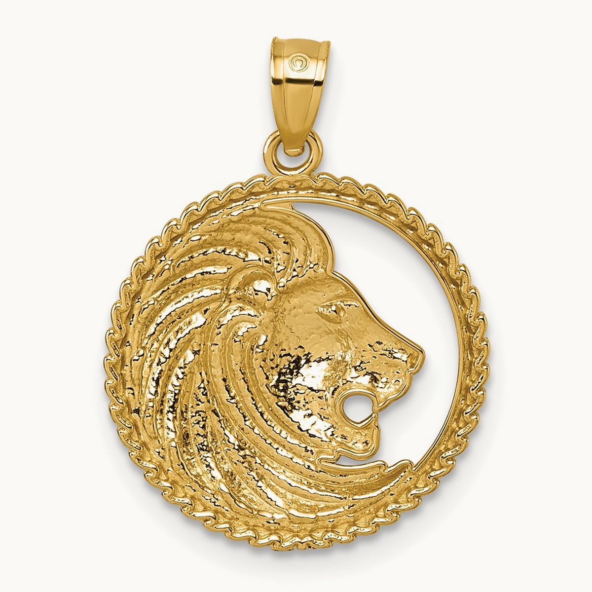 Polished Lion with Mane Circle Pendant, 14K
