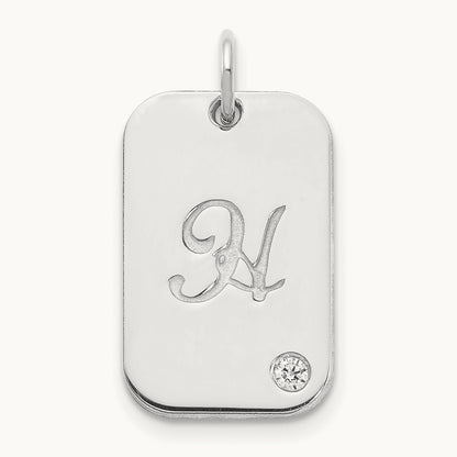 Initial Dog Tag with Diamond Charm, 10K White Gold
