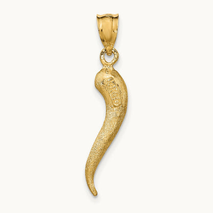 Brushed 3D Italian Horn Pendant — 14K Yellow Gold