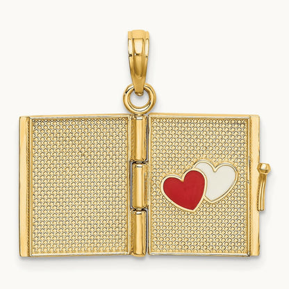 Enameled 3D Moveable MY LOVE STORY Book Pendant, 14K