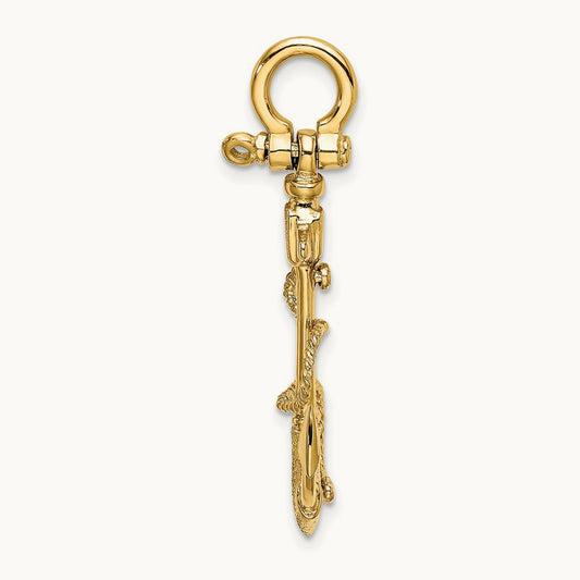 3-D Textured Anchor w/Rope and Shackle Bail Charm, 14K