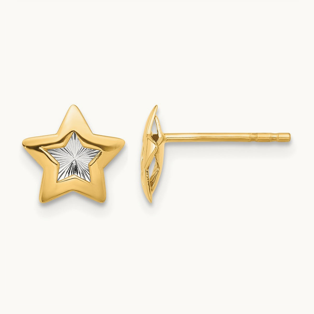 Polished and Textured Star Post Earrings, 14K with Rhodium