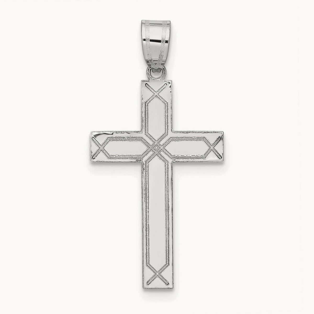 Solid Laser Etched Cross Pendant, 14K White Gold