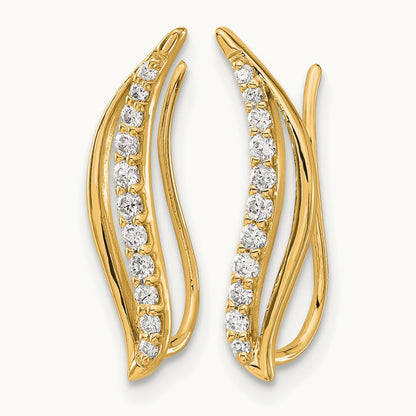 Diamond Wave Ear Climber Earrings, 14K Yellow Gold