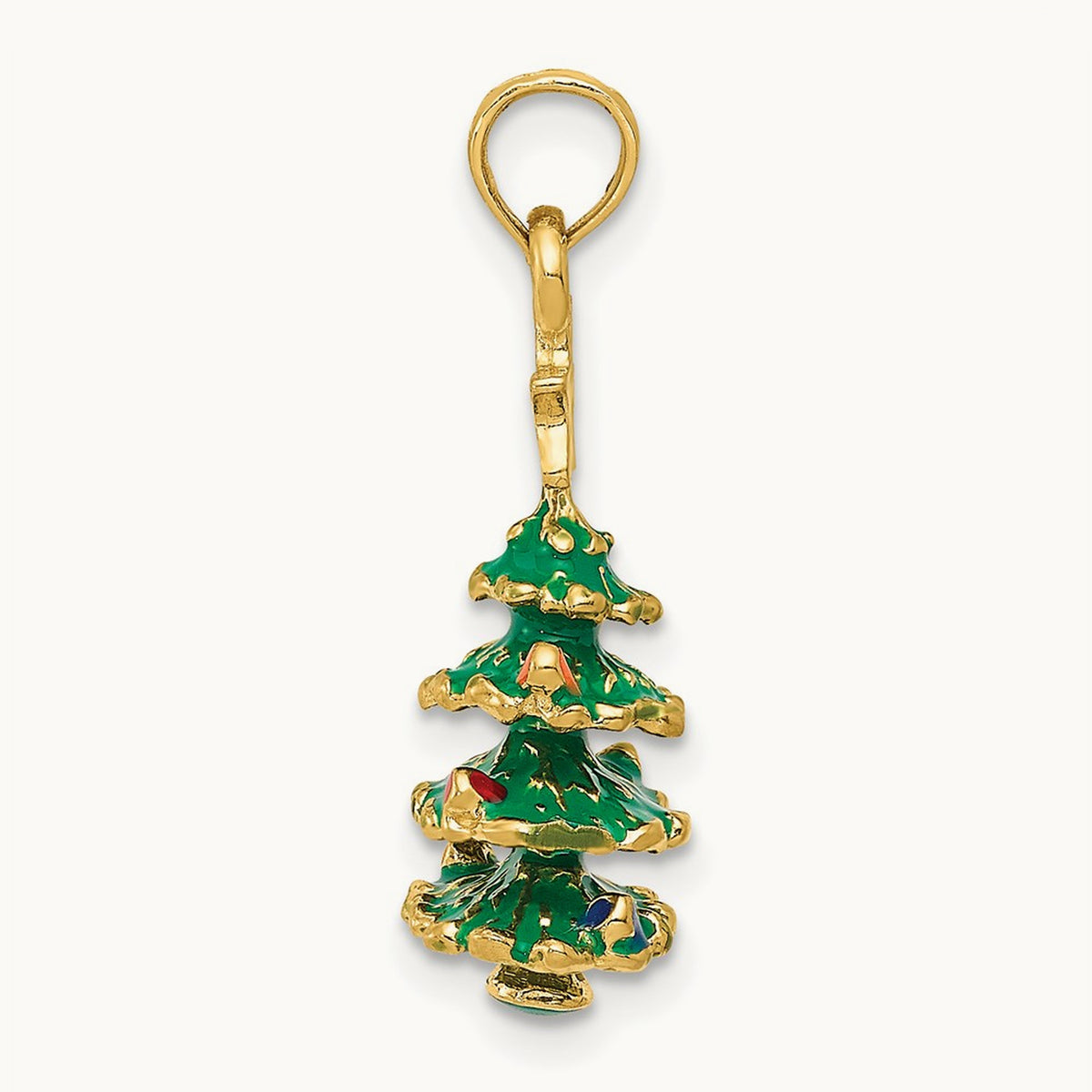 3D Enameled Christmas Tree Pendant, 14K