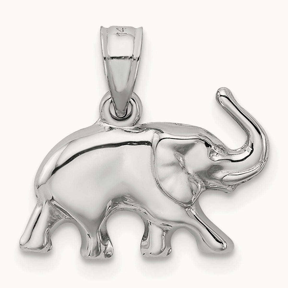 3D Polished Elephant Pendant, 14K White Gold