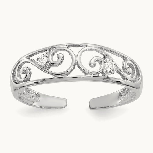 Diamond Scroll Toe Ring — 14K White Gold