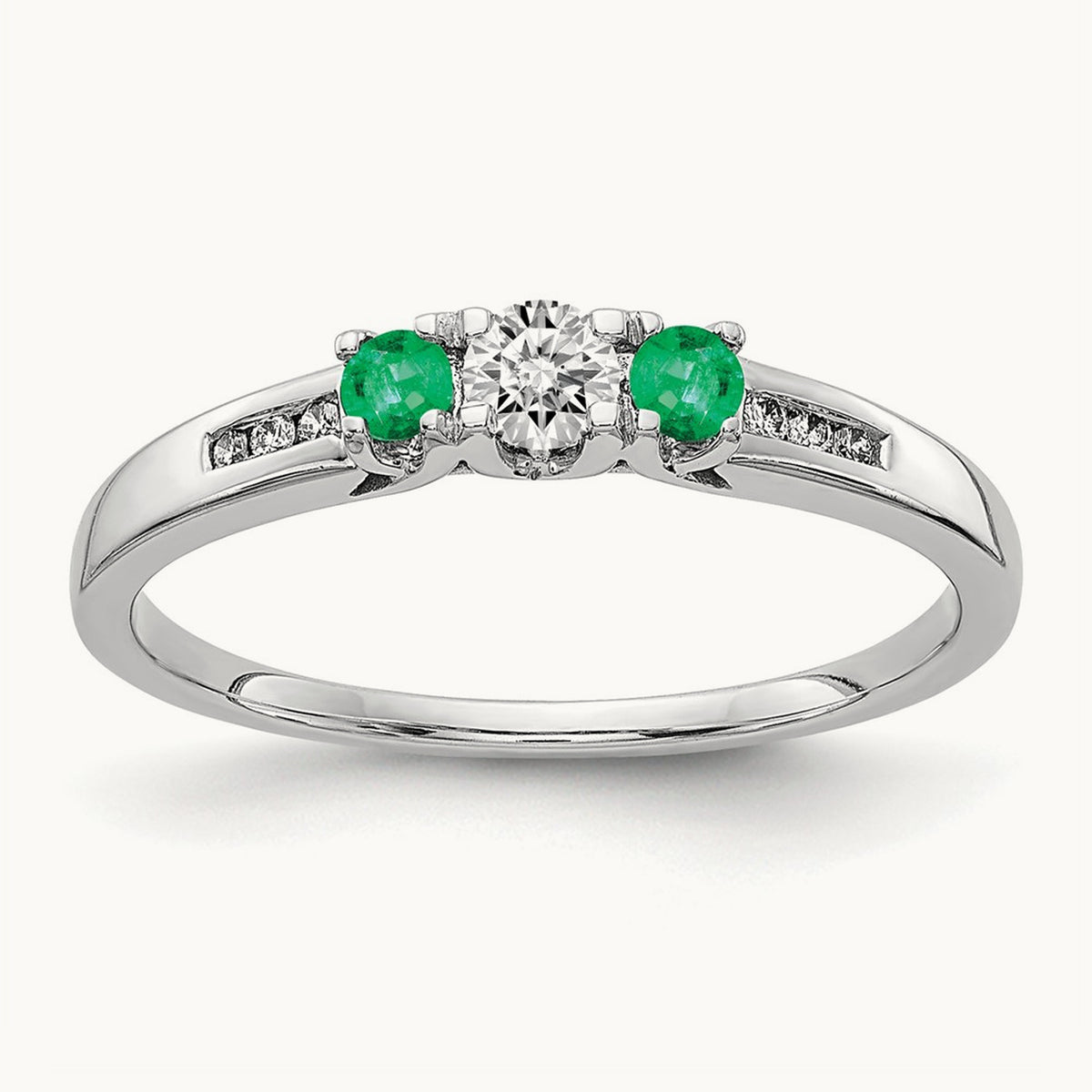 Diamond and Emerald 3-stone Ring, 14K White Gold