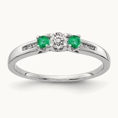Diamond and Emerald 3-stone Ring, 14K White Gold