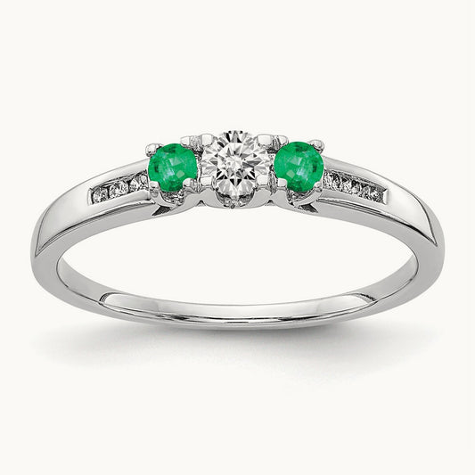 Diamond and Emerald 3-stone Ring, 14K White Gold