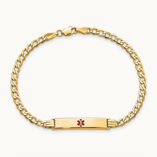 Semi-solid Medical Polished Red Enamel Cuban ID Bracelet, 14K