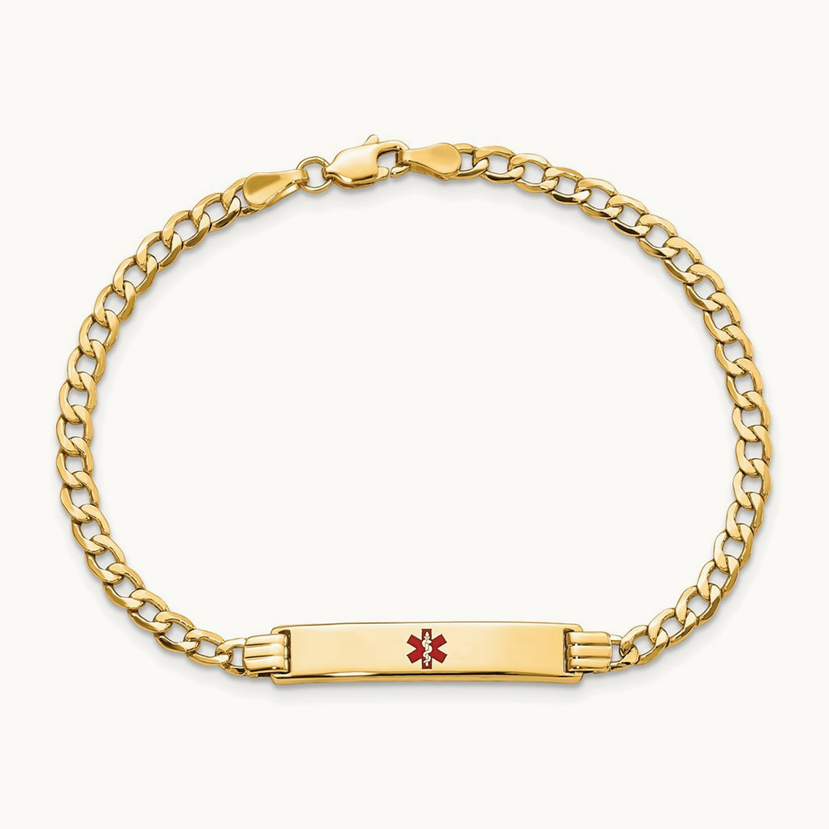 Semi-solid Medical Polished Red Enamel Cuban ID Bracelet, 14K