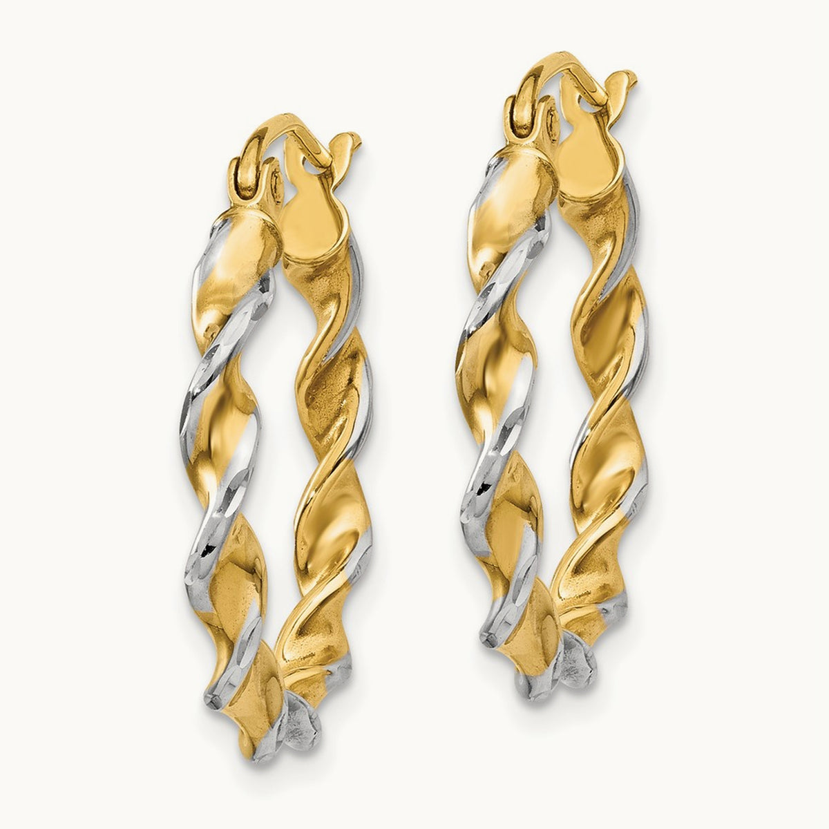 w/ White Rhodium Polished Fancy Twisted Hoop Earrings, 14K