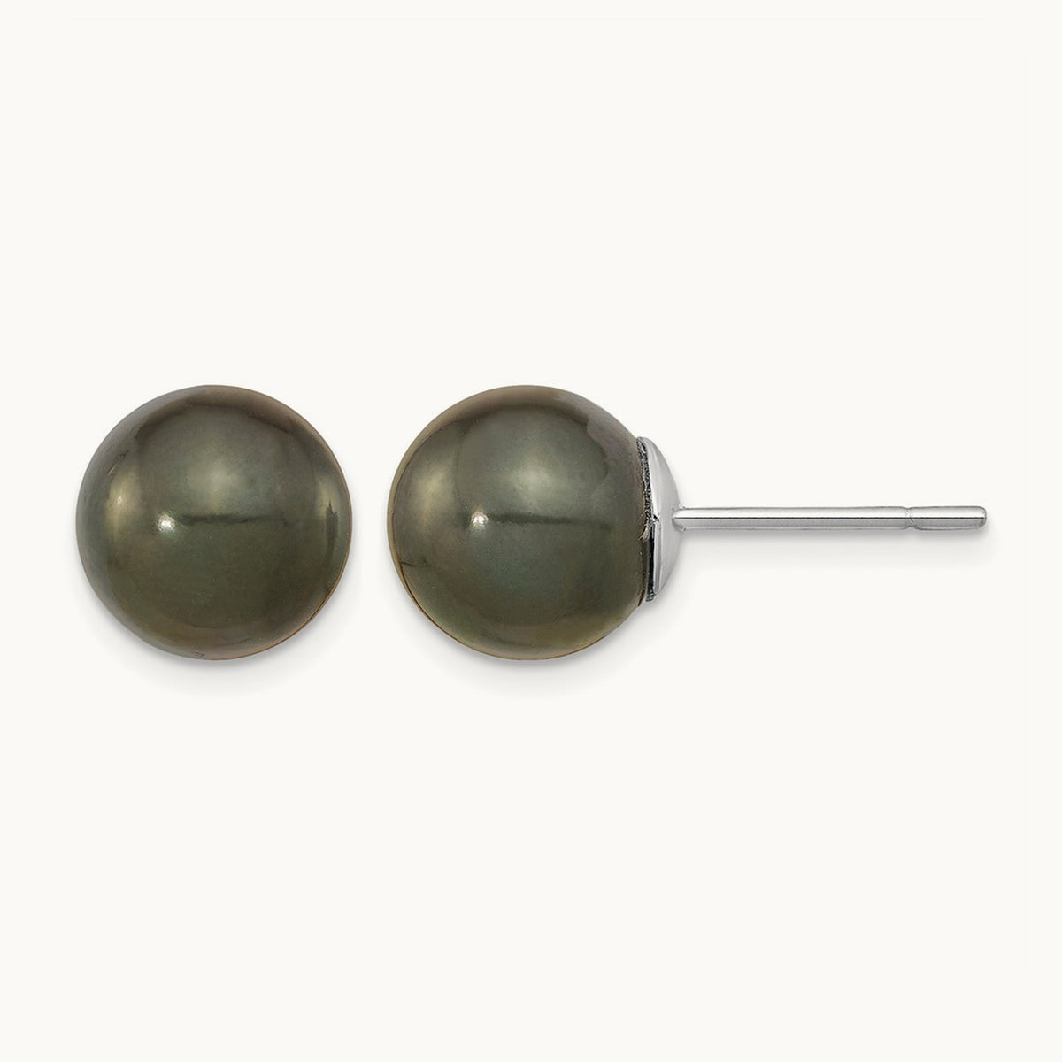 WG 10- Black Round Saltwater Cultured Tahitian Pearl Post Earrings, 11mm, 14K