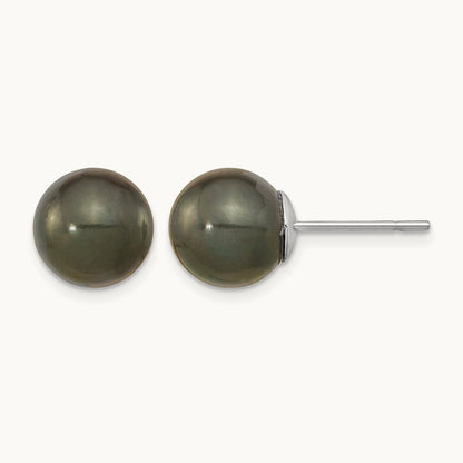 WG 10- Black Round Saltwater Cultured Tahitian Pearl Post Earrings, 11mm, 14K