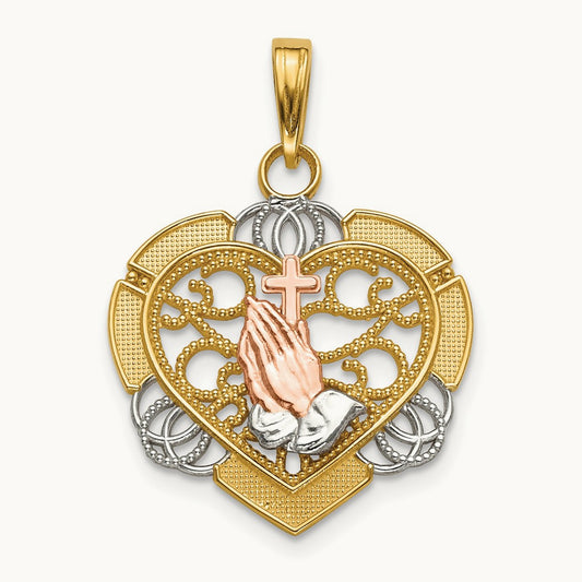 w/White Rhod Praying Hands and Cross Heart Charm, 14K Two-tone
