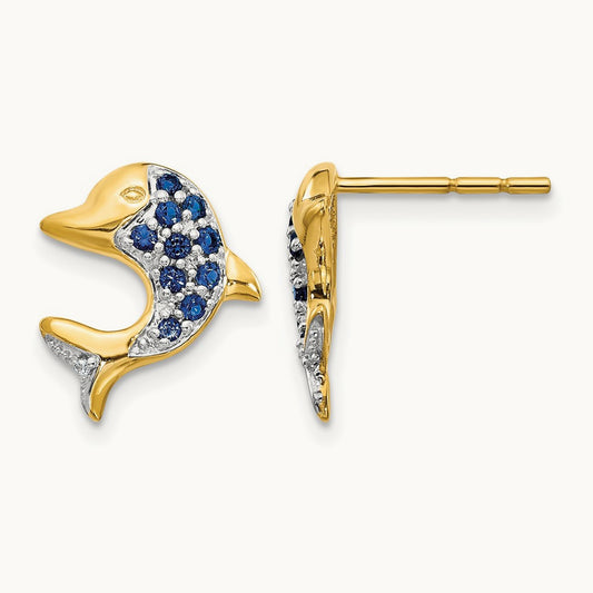 w/Rhodium Sapphire/Diamond Dolphin Post Earrings, 14K