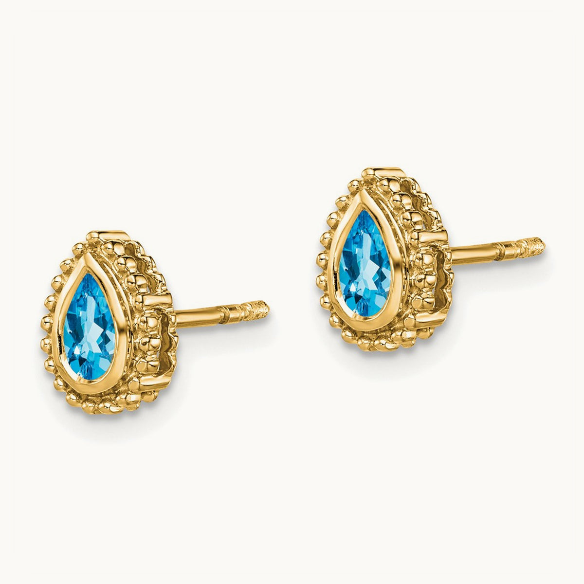 Pear Blue Topaz Post Earrings — 14K Yellow Gold