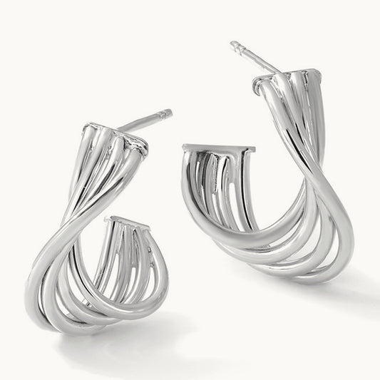 w/Rhodium-plating Polished 3-Row Twist J-Hoop Post Earrings, 10K — Leslie's