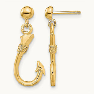 3-D Fish Hook Dangle Earrings, 14K