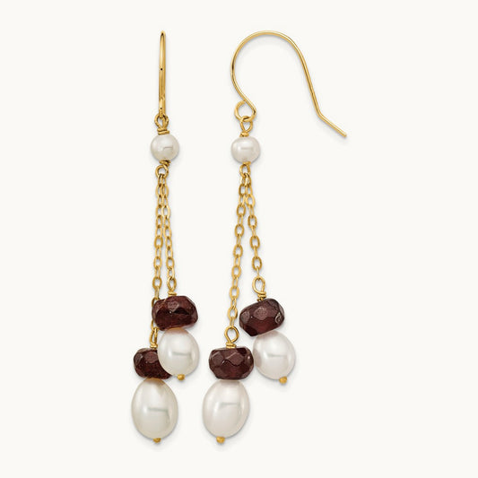 Freshwater Cultured Pearl Garnet Double Chain Dangle Earrings, 14K White