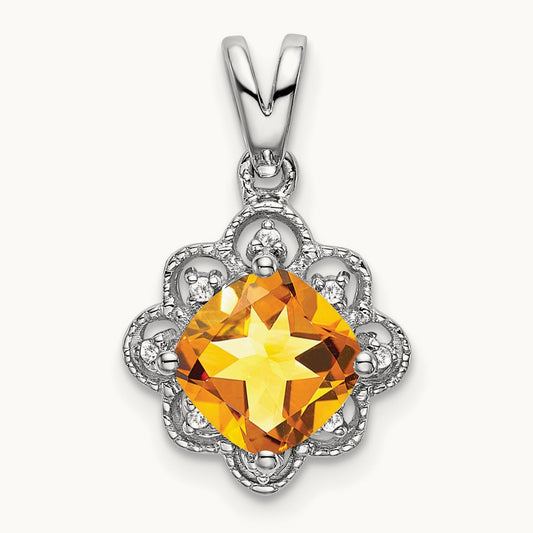 Citrine and Diamond Scalloped Pendant, 14K White Gold