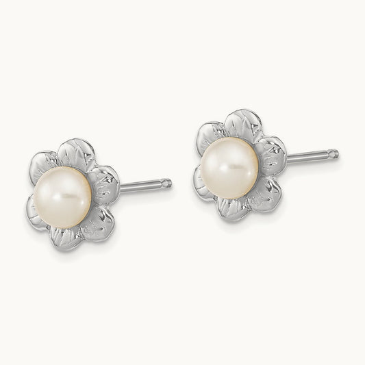 Madi K 14k White Gold 3- FWC Pearl Flower Post Earrings, 4mm