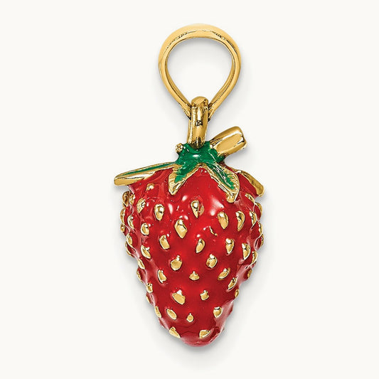 W/ Enamel 3-D Strawberry and Leaf Charm, 14K