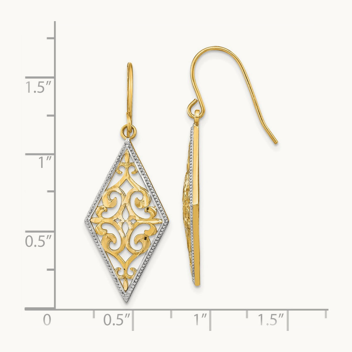w/Rhodium Diamond Shape Filigree Dangle Earrings, 14K