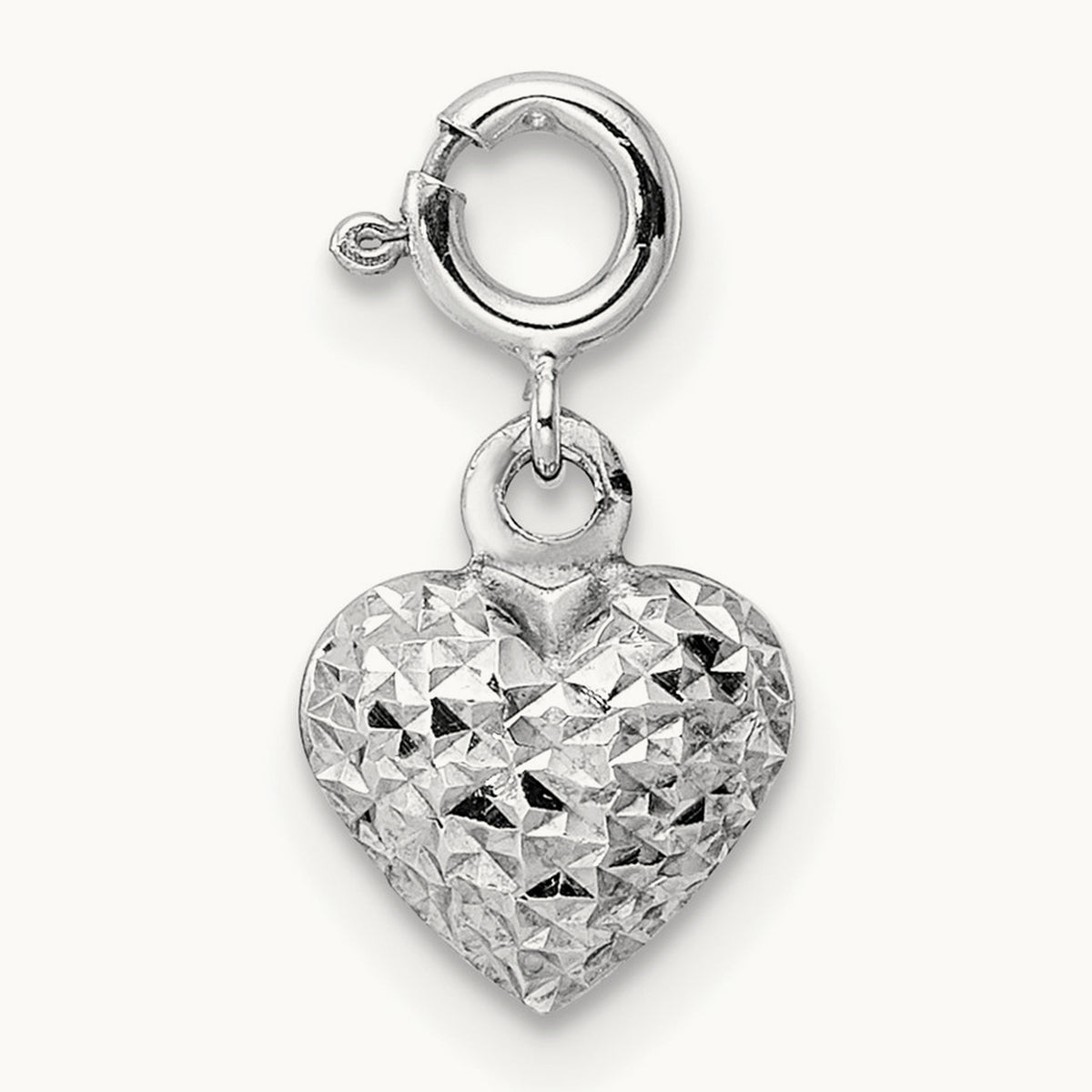 Diamond-cut Heart Spring Ring Charm Pendant — 14K White Gold
