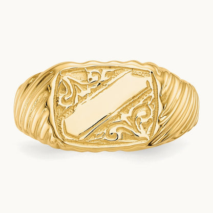 Polished Baby Rectangle Signet w/Stripes Ring, 14K Gold