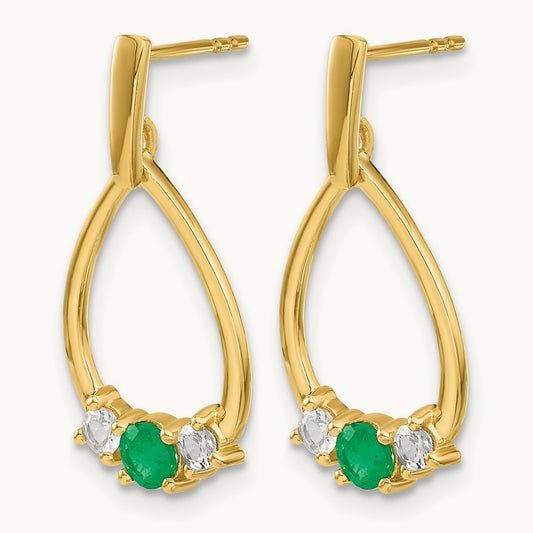 Emerald and White Sapphire Post Dangle Earrings, 14K