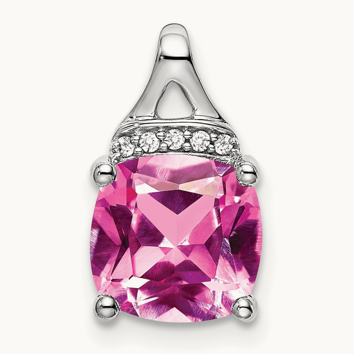 Cushion Created Pink Sapphire/Diamond Pendant, 14K White Gold