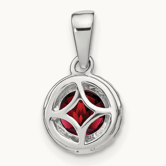 Garnet and Diamond Halo Pendant, 14K White Gold