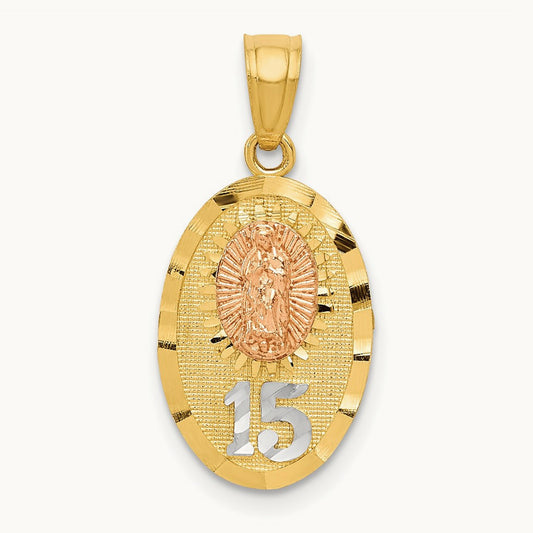 w/White Rhod D/C Lady of Guadalupe 15 Pendant, 14K Two-tone