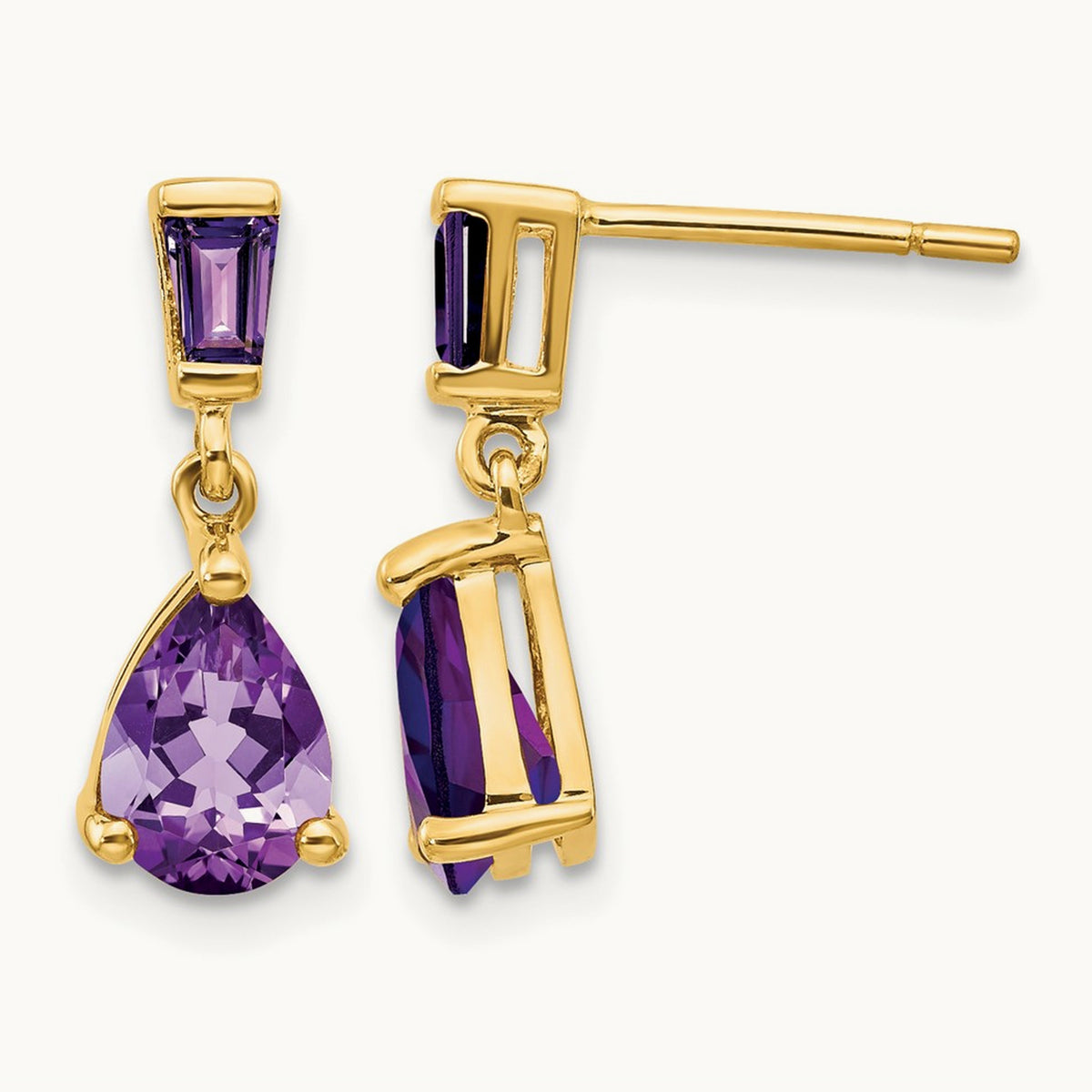 Amethyst Dangle Post Earrings — 14K Yellow Gold