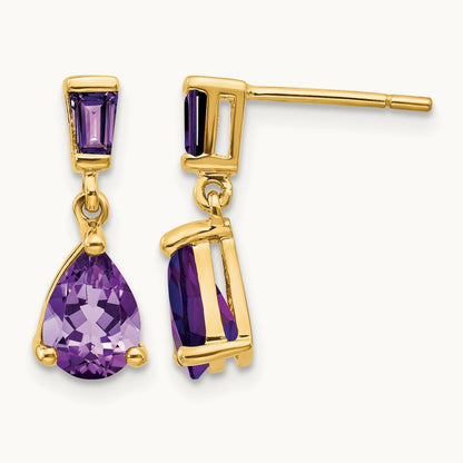 Amethyst Dangle Post Earrings — 14K Yellow Gold