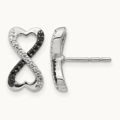 Black and White Diamond Infinity Heart Post Earrings, 14K White Gold