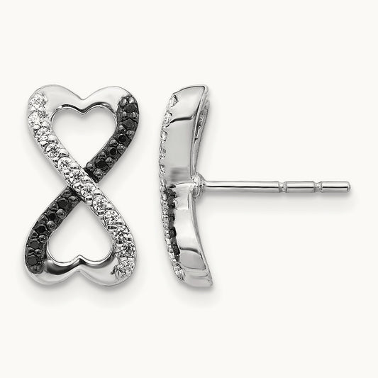 Black and White Diamond Infinity Heart Post Earrings, 14K White Gold