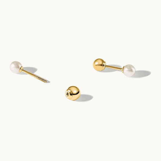 3- Round FWC Pearl Front and Back Ball Post Earrings, 4mm, 14K