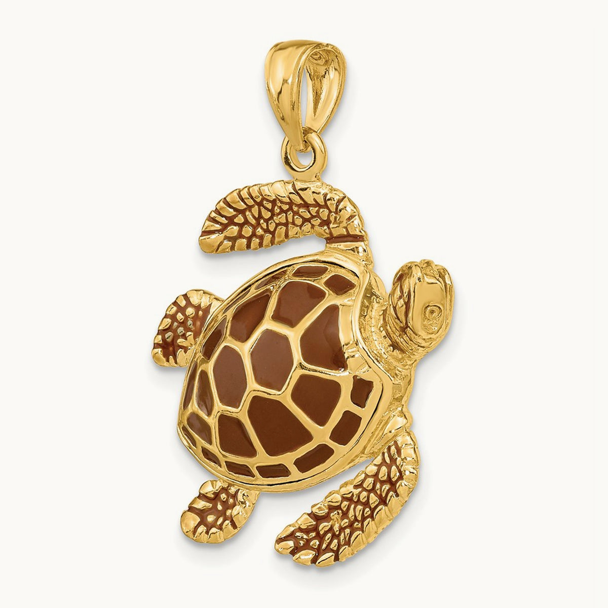 3-D Brown Enamel Large Sea Turtle Charm, 14K