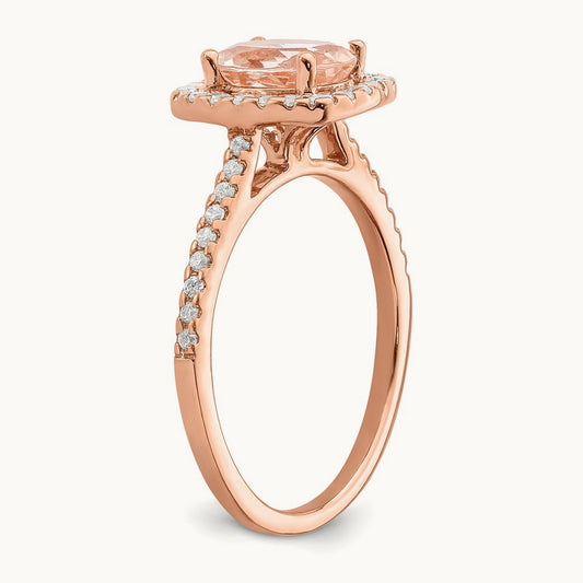 Morganite Diamond Halo Complete Engagement Ring, 14K Rose Gold