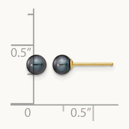 4- Black Round Freshwater Cultured Pearl Stud Post Earrings, 5mm, 14K