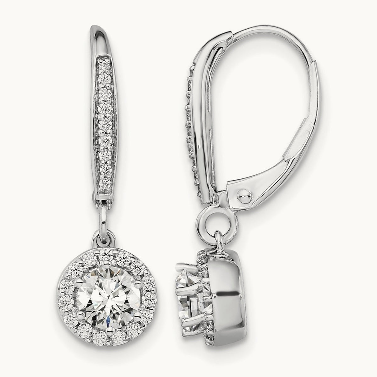 Round Halo Drop Leverback Earrings, 1.00 ct tw Lab-Grown Diamond — 14K White Gold