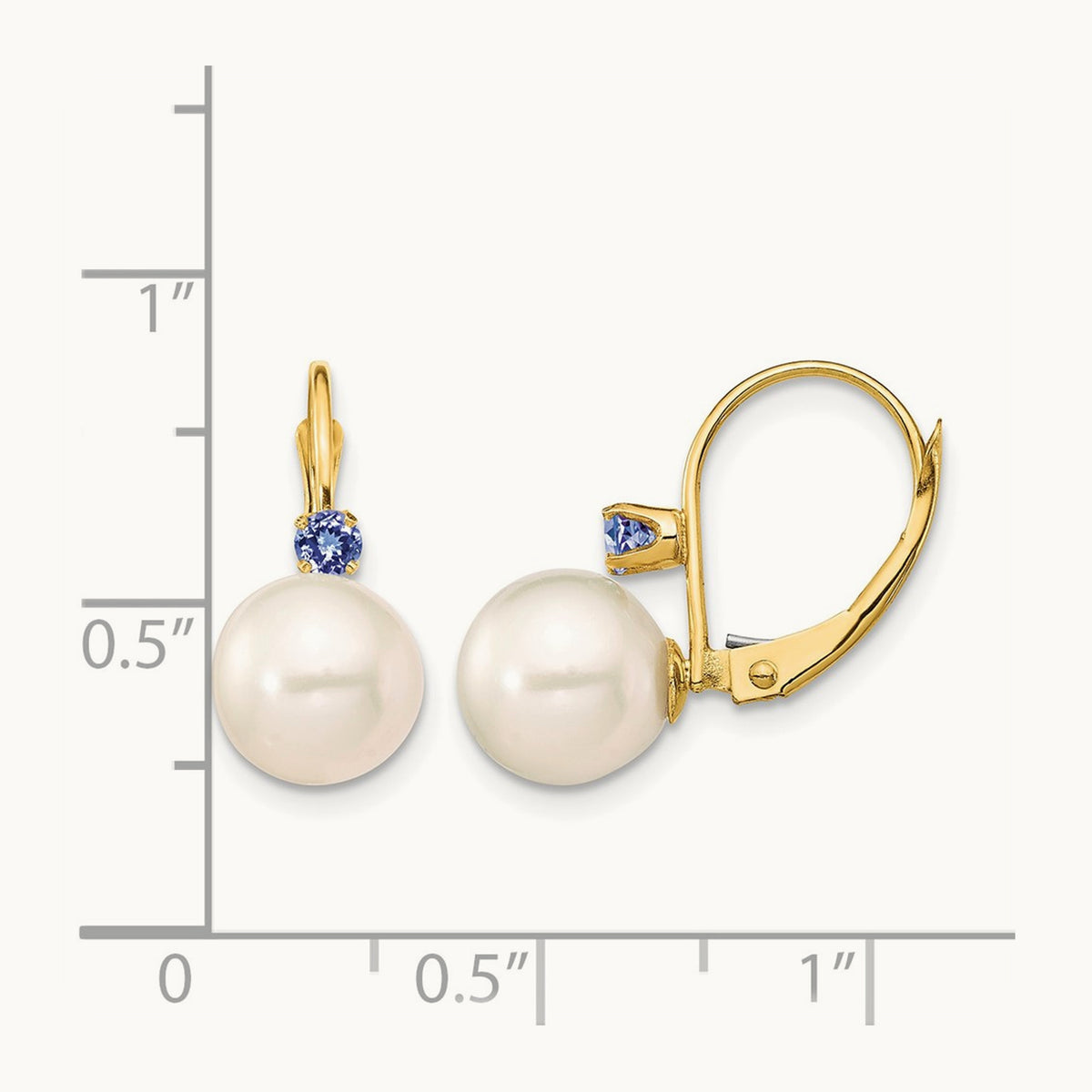 8- White Round FWC Pearl Tanzanite Leverback Earrings, 8.5mm, 14K