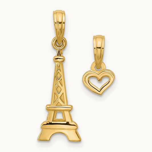 Polished and Satin Eiffel Tower with Separate Heart Pendant Set, 14K